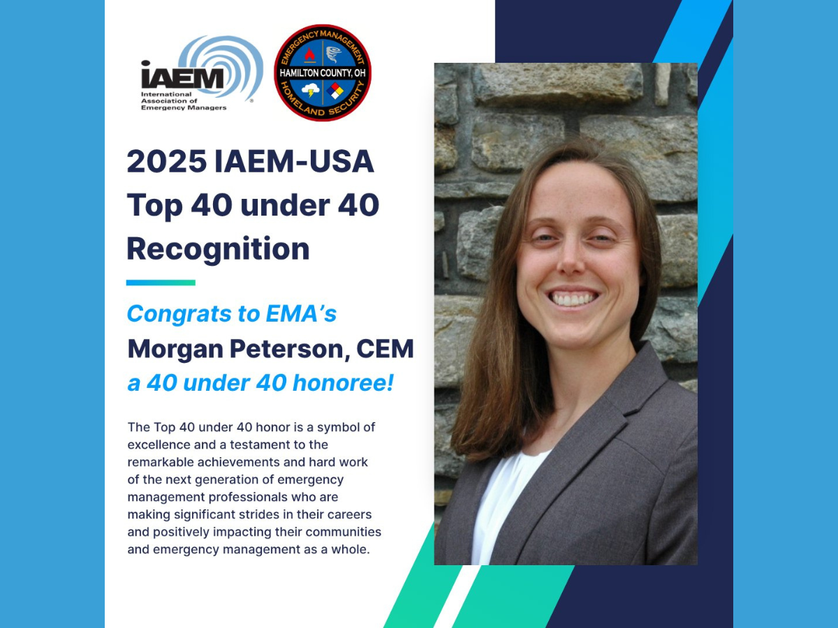 Morgan Peterson headshot with Emergency management logo