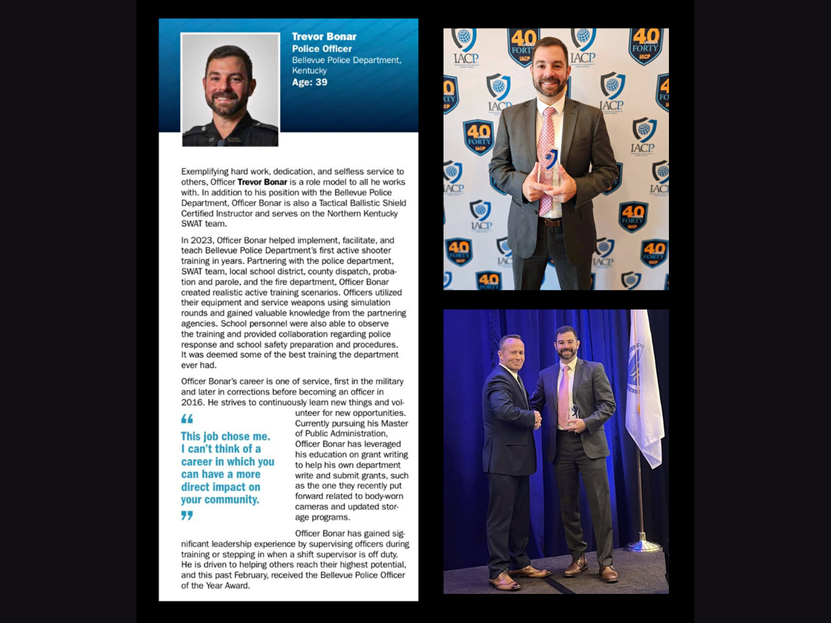 Collage of Trevor Bonar holding his award and recieving his award and a screenshot of his bio on the IACP website