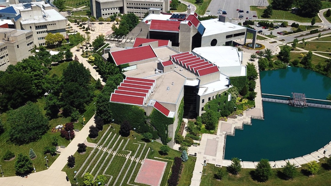 An overhead/drone view of campus