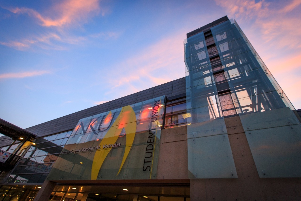 Low angle of the Student Union building on Northern Kentucky University's Highland Heights campus. 